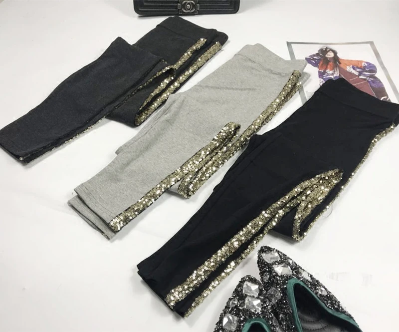 

Spring Autumn Leggings Women Fashion Sequins Stripe Side Pure Cotton Trousers Girls Ladies All-match Basic Trousers Leggings