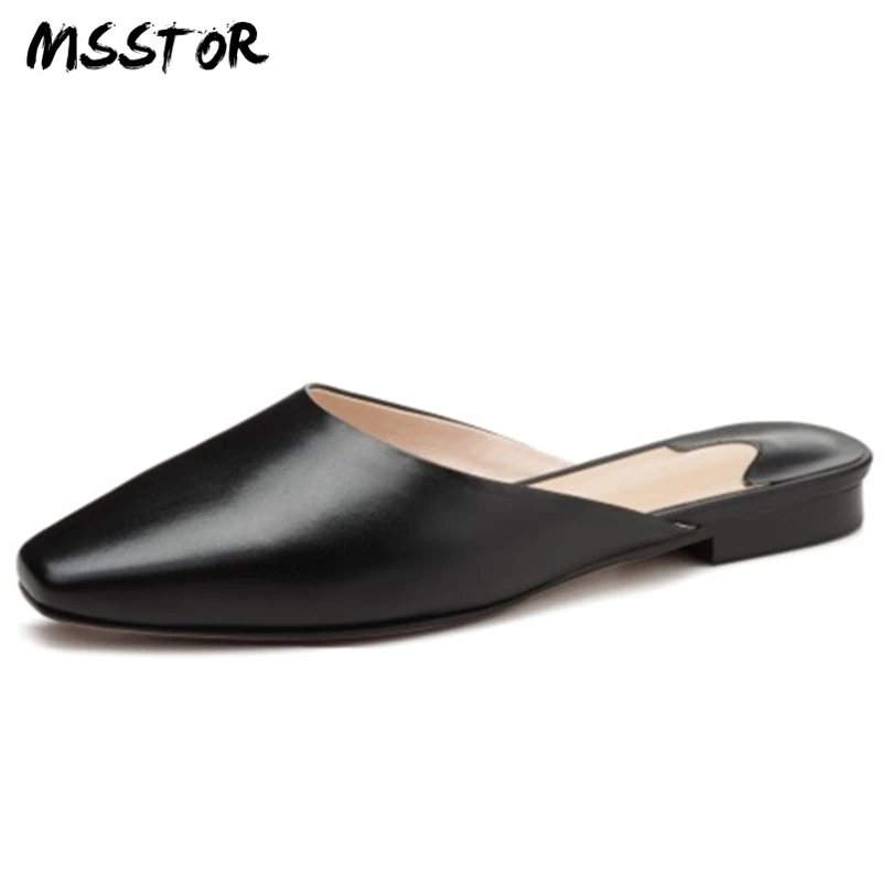 MSSTOR Square Toe White Women Slippers Square Heel Black Concise Fashion Mules Shoes Women Genuine Leather Casual Shoes Women MSSTOR Square Toe White Women Slippers Square Heel Black Concise Fashion Mules Shoes Women Genuine Leather Casual Shoes Women