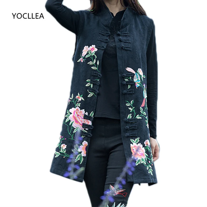 

Plus size Women Sleeveless Vests Coat Slim Embroidery Vest Jacket Outerwear for Women Midi Cotton Linen Casual Vest waistCoat
