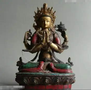 

Nepal Buddhism pure Bronze inlay turquoise Red coral Four Arm Kwan-Yin Buddha