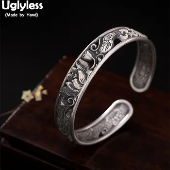 

Uglyless 100% Real Solid 999 Full Silver Lotus Bangles for Women Thai Silver Wide Bangle Ethnic Floral Bracelets Fine Jewelry