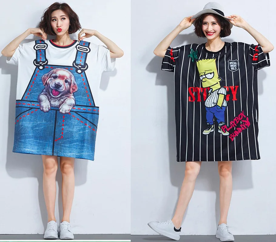 

womens ladies 2019 summer biggest big plus size Cartoon Floral loose Casual blouse blusas long T-shirt dress clothing clothes