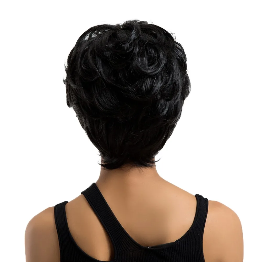 Элемент синтетический " короткий натуральный волнистый парик пушистый черный цвет смесь 50% человеческих волос с бахромой Пикси стрижка для черных женщин
