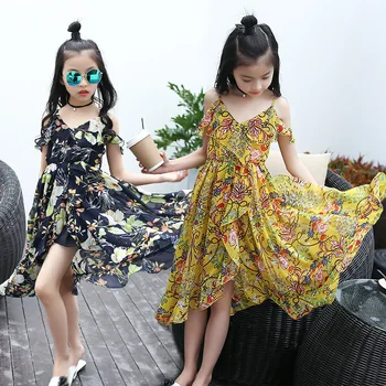 

floral printed summer dress girl 2018 beach bohemian maxi long princess dress kids blue green yellow little big girls clothing