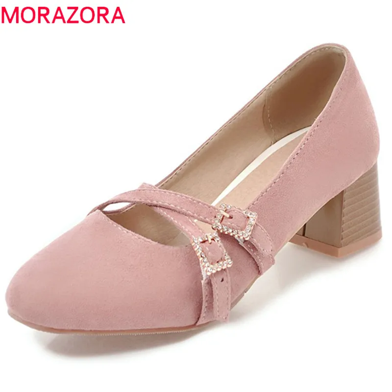 

MORAZORA shallow 2020 spring summer pumps women shoes med heels square heel slip on round toe casual dress ladies shoes
