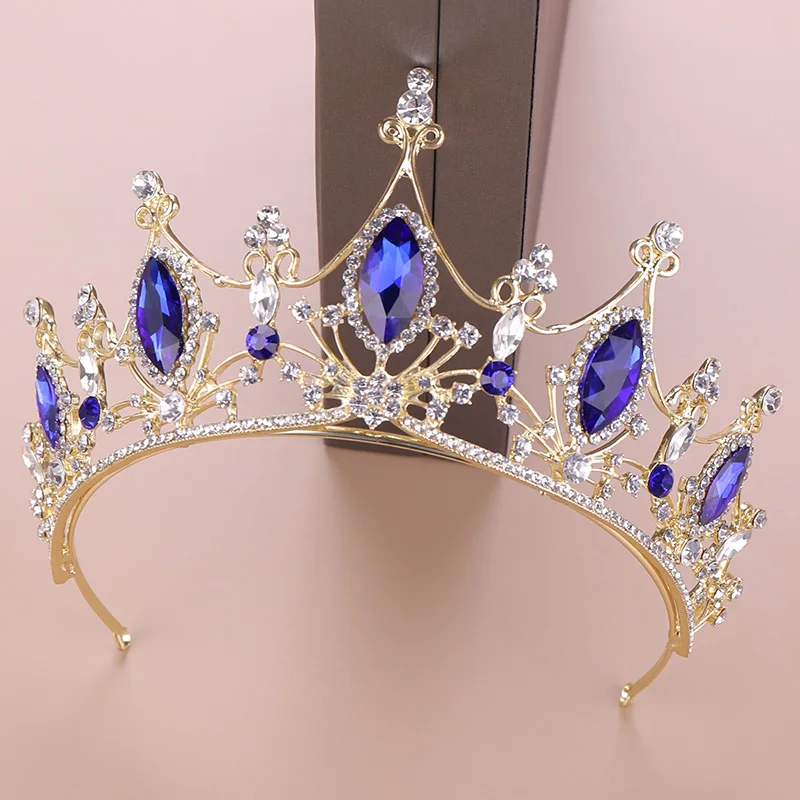 Синие хрустальные диадемы, свадебные головные уборы, золотая корона для невесты, аксессуары для головы королевы, принцессы, пышная корона, диадема со стразами, повязка на голову