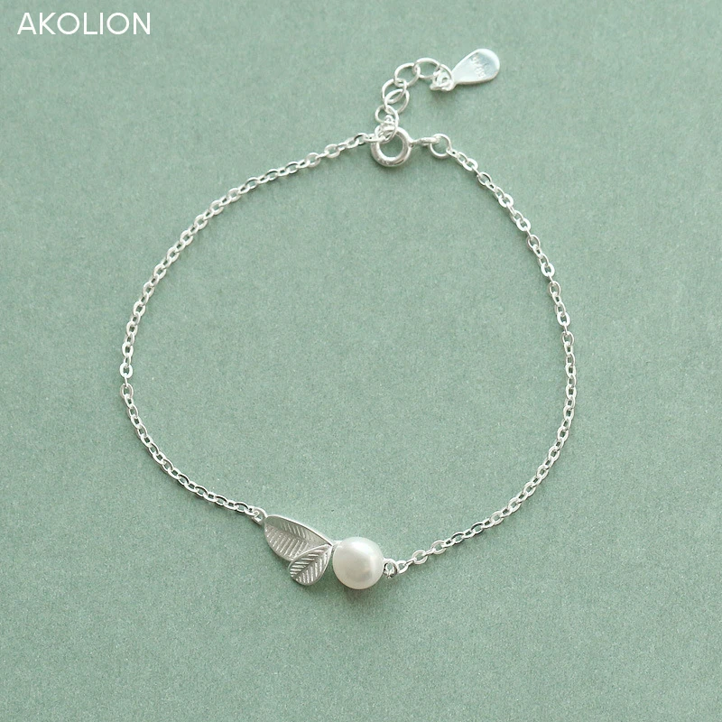 

AKOLION Silver Charm Leaf pearl Bracelet 925 Sterling Jewelry fit Leaves plant Bracelets & Bangles for Women Girl Kids Gifts