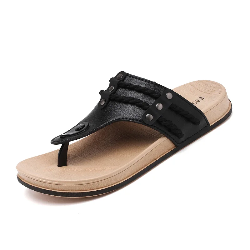 Summer pin-toe slippers men's solid color open toe British herringbone personality men's non-slip outdoor activities beach shoes - Цвет: Black