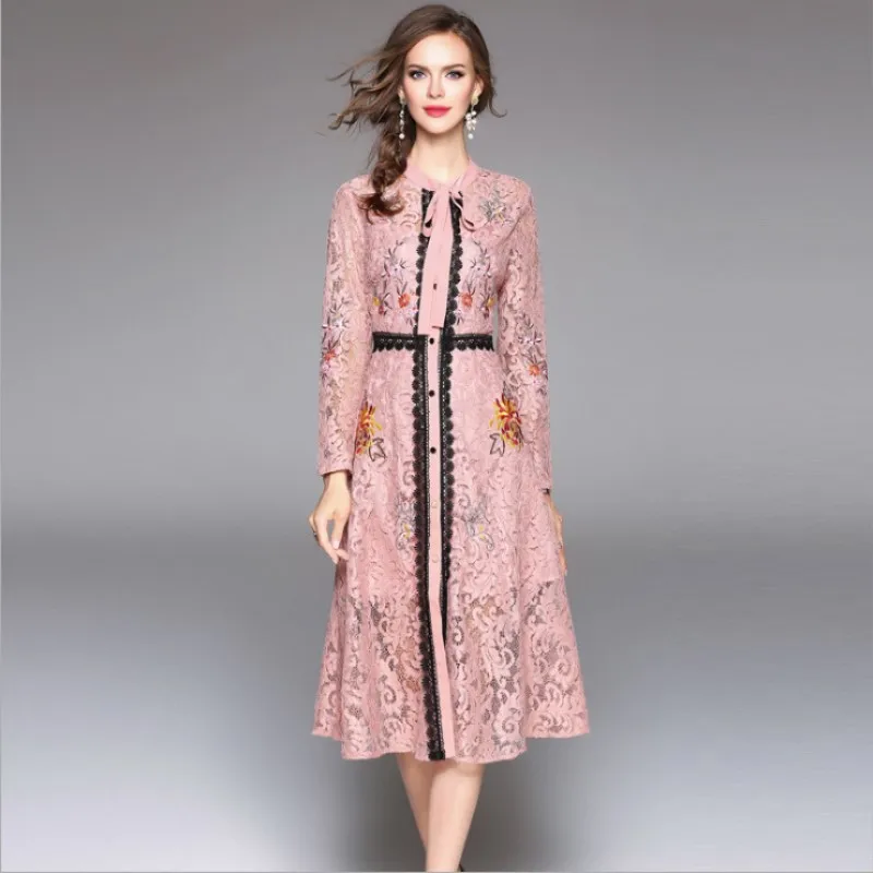 European and American women's fashion brand dress 2018 spring new openwork lace embroidered dress was thin waist dress 