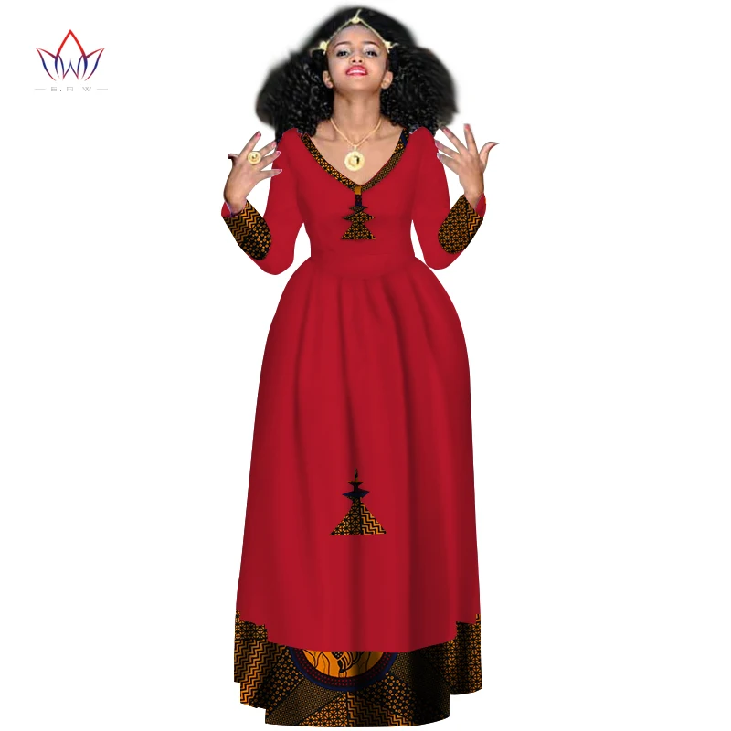Новые африканские Базен платья для женщин африканские платья с длинным рукавом для женщин v-образным вырезом в африканской одежде воск Дашики ткань WY2998 - Цвет: 19