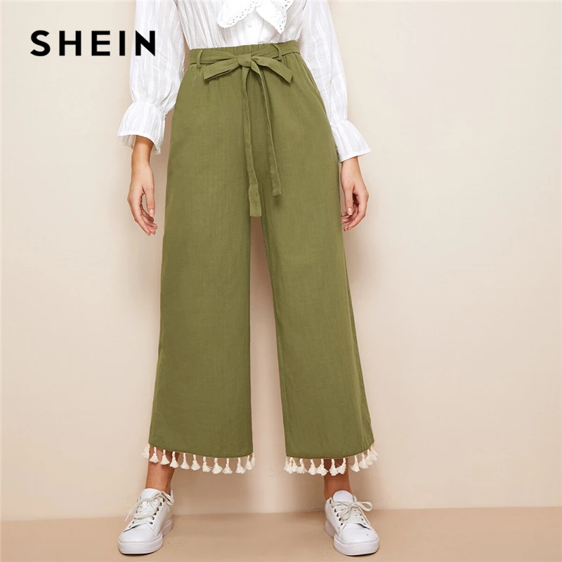 

SHEIN Casual Boho Army Green Tassel Hem Belted Wide Leg Crop Pants Women 2019 Spring Autumn Solid High Waist Straight Pants