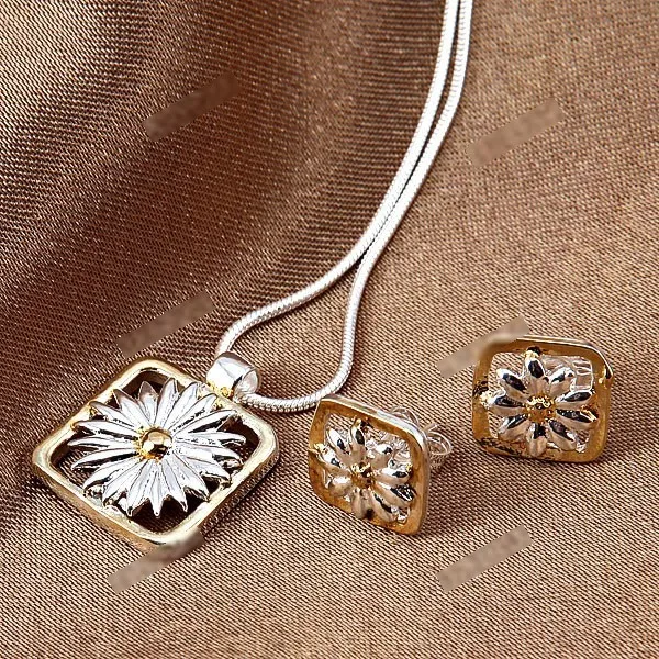 Tinyview 2-in-1 Silver Plating Square Style Necklace with Daisy Pattern Jewelry Set + Earrings for Women Lady NAF-238 |