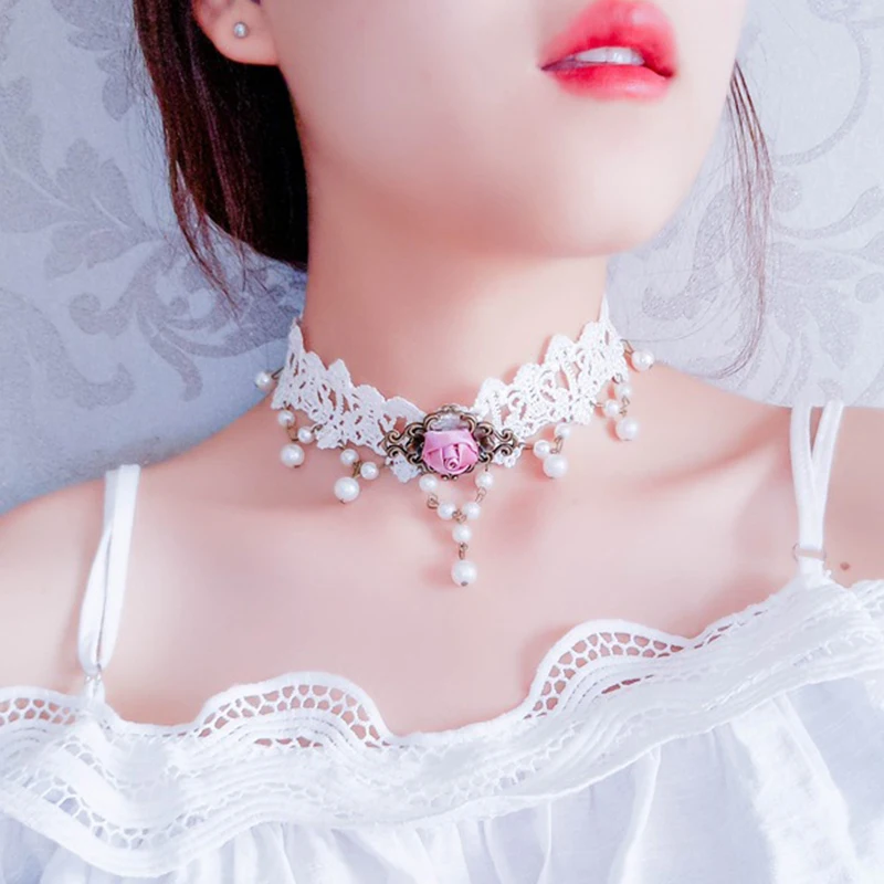 JOUVAL, винтажное Белое Кружевное колье, готическое розовое цветочное ожерелье для женщин, готический чокер, Сексуальные вечерние ювелирные изделия на Хэллоуин викторианский костюм
