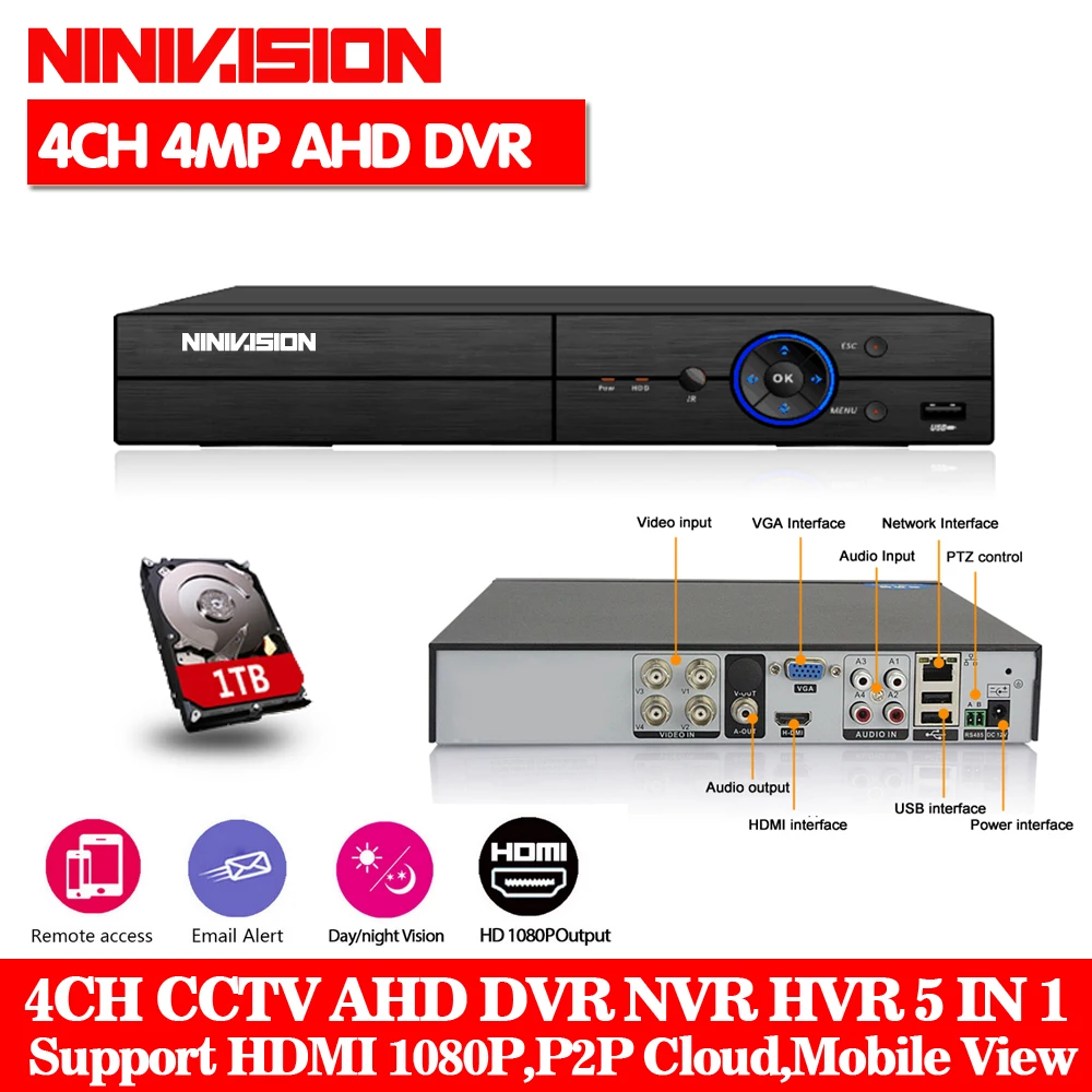 

NINIVISION 4CH AHD 4MP DVR/Hybrid 2*Analog 4M+2*IP 4MP Motion Detection 5 IN 1 CCTV DVR for AHD CVI TVI IP 2MP 3MP 4MP Camera
