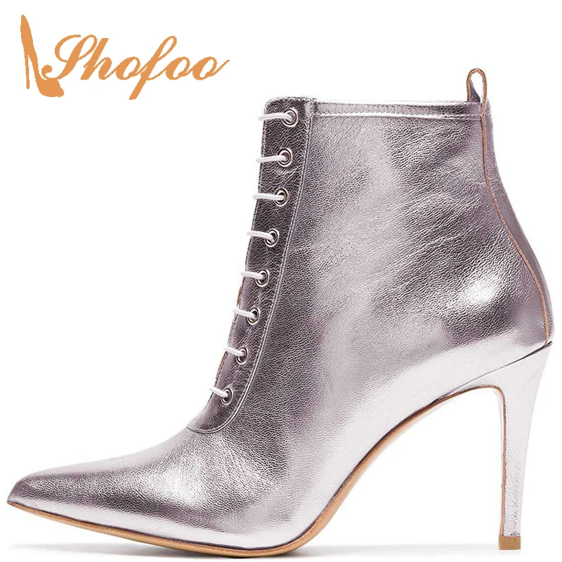 

Cross-tied Woman Short Ankle Boots Silver Vegan Super High Thin Heels Pointy Toe Novelty Sexy Mature Winter Large Size 13 14