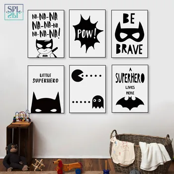 

Cartoon Canvas Print Superhero Posters Nursery Art Black and White Painting Abstract Wall Art Picture for Living Room Home Decor