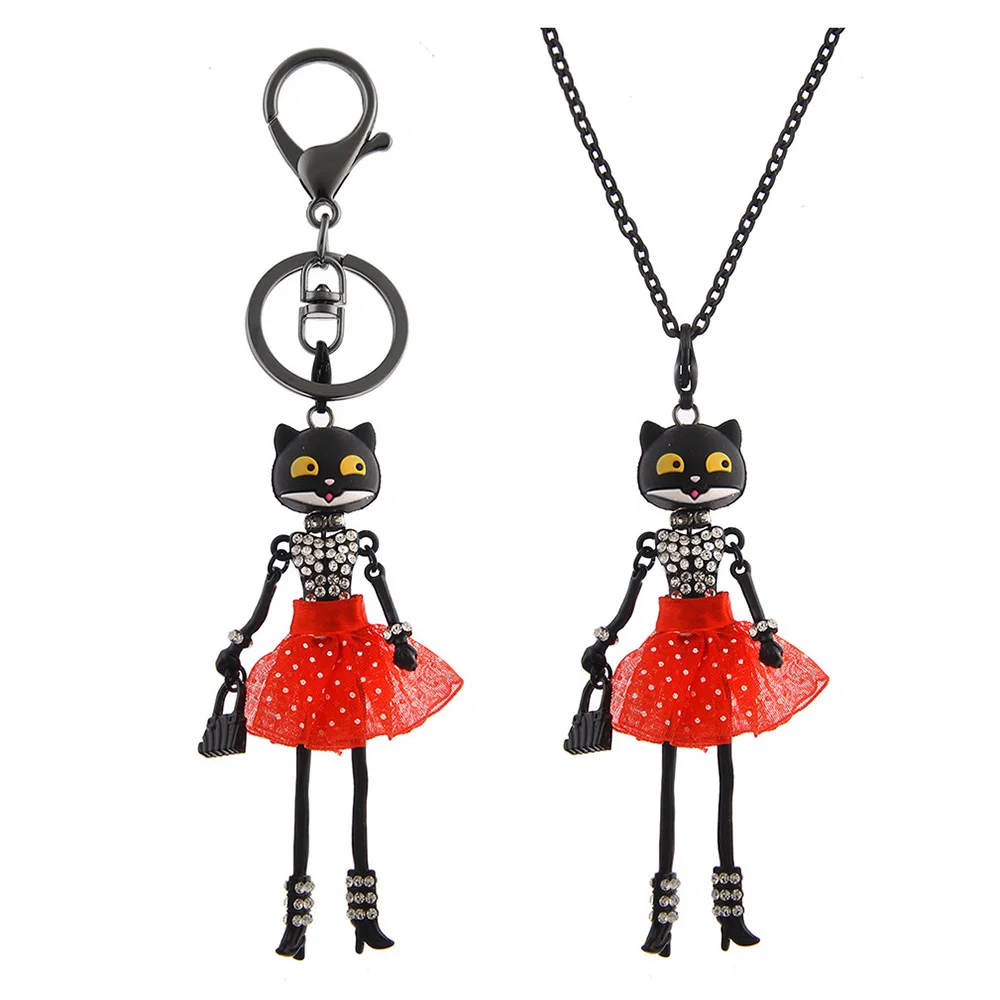 Lovely Doll Necklace Black Cat Face Pendant Long Chain New Fashion