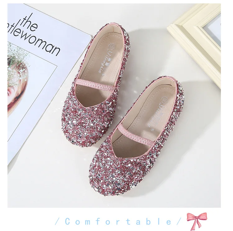 Детская обувь принцессы; обувь для девочек с блестками для свадебной вечеринки; популярная обувь для девочек; цвет розовый, фиолетовый, серебристый цвет; школьная обувь для танцев