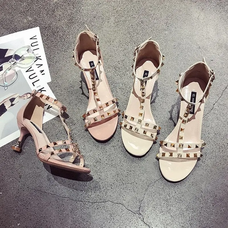 

Women Strange style T-Strap Open Toe Buckle Footwear sexy rivet High heel Sandals Female Casual Studded Shoes Woman Designer