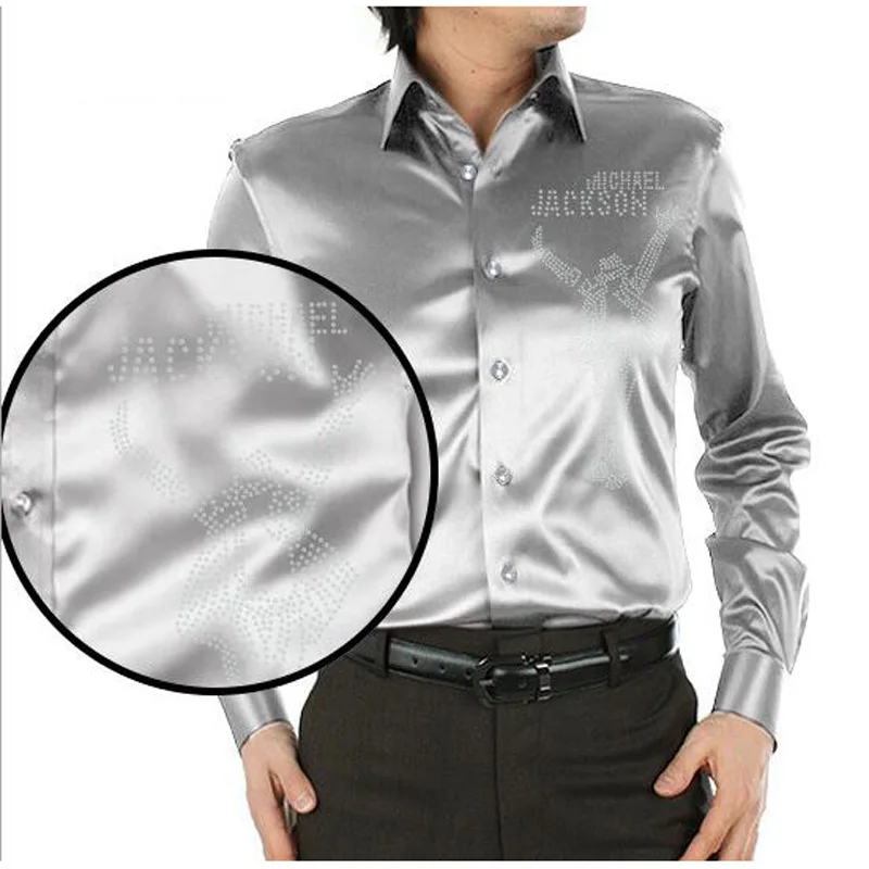 Men Shirt Fashion Rhinestone Silk Shirt Satin Mens Long Sleeve Camisa Hombre Couples Shirt Wedding Dress 