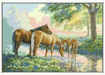 

High Quality gold collection counted cross stitch kit horses by a stream horse family three horses Dim 35174
