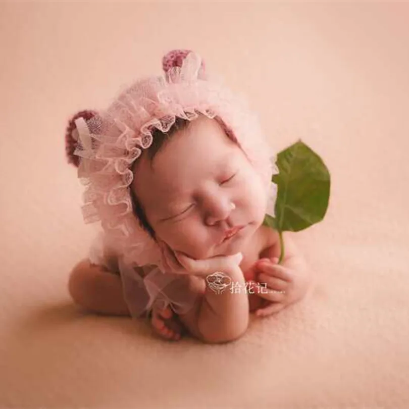 Новорожденный Чепчик Для Девочки ручной работы с рюшами медведь шляпа Mauve шапка для Животного Baby Pom шапочка с помпоном новорожденный фотосессия Реквизит Baby Shower подарок - Цвет: as photo