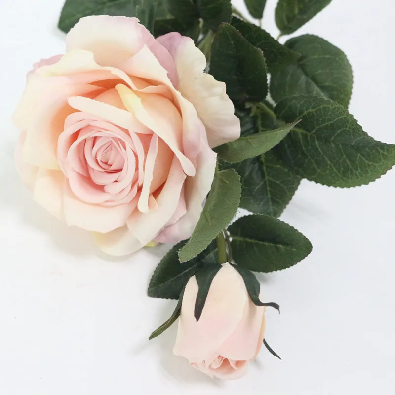 Flone 2 Heads Artificial Rose Silk Flower Fake Leaf Long Rose Buds Artificial Flowers Bouquet Home Wedding Party Decor Gift (7)