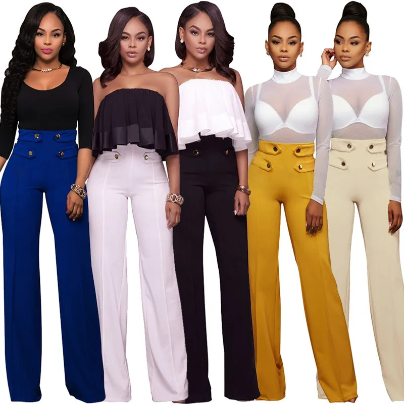 

5-color Women Pants Fashion Casual England Style Classic Solid Color Wide Leg Pants High Waist Slim Spandex Polyester Material
