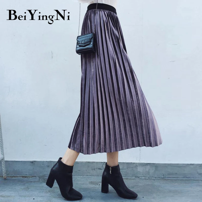 Beiyingni Осенняя юбка женская однотонная 10 цветов золотые бархатные плиссированные юбки женские новые модные с высокой талией Saia зимние миди Faldas