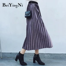 Beiyingni Осенняя юбка женская однотонная 10 цветов золотые бархатные плиссированные юбки женские новые модные с высокой талией Saia зимние миди Faldas