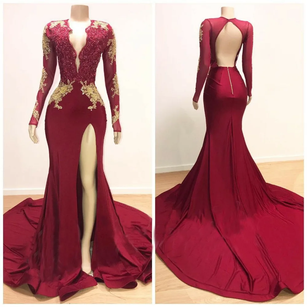 

High Slit Backless Mermaid V-Neck Evening Dress Party Formal Gown Sweep Train Prom dress