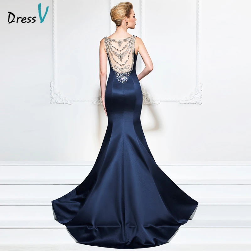 

Dressv dark navy 2017 evening dress sexy sleeves mermaid sweep train beading wedding party formal dress trumpet evening dresses