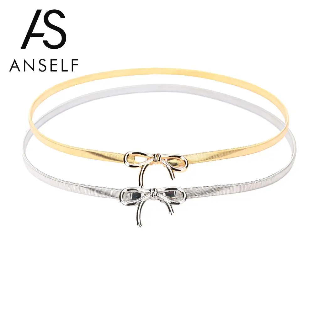

Anself Gold/Silver Belts for Women Fashion Women Metal Belt Bow Clasp Front Stretch Spring Waist Strap Skinny Elastic Waistband