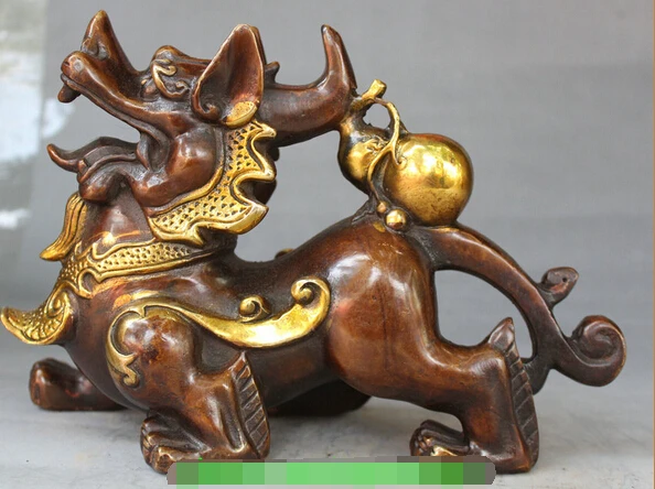 

shitou 002432 10" China Folk Bronze Gilt Kylin Chi-lin Qilin Unicorn Beast Wealth Gourd Statue discount 30% (C0324)