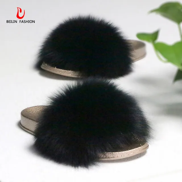 women summer slippers raccoon fur real fur slides beach slippers