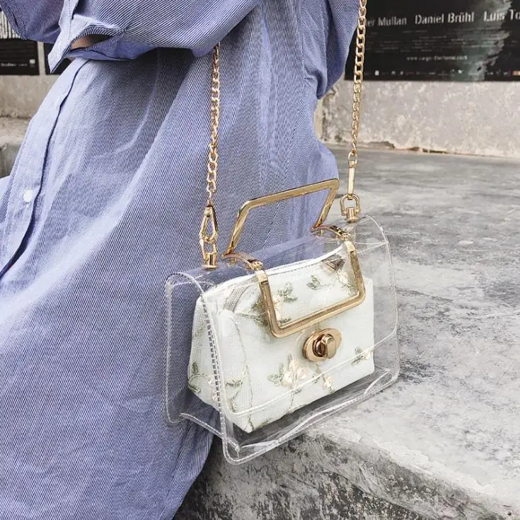 

New Embroidery Jelly Small Women Messenger Bag Handbags Fashion Chain Women Bag Transparent Sling Bags Women Pouch Package 2019