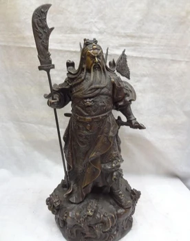 

USPS to USA S1154 15" Chinese Bronze Dragon Head Flag Warrior General GuanGong GuanYu God Statue