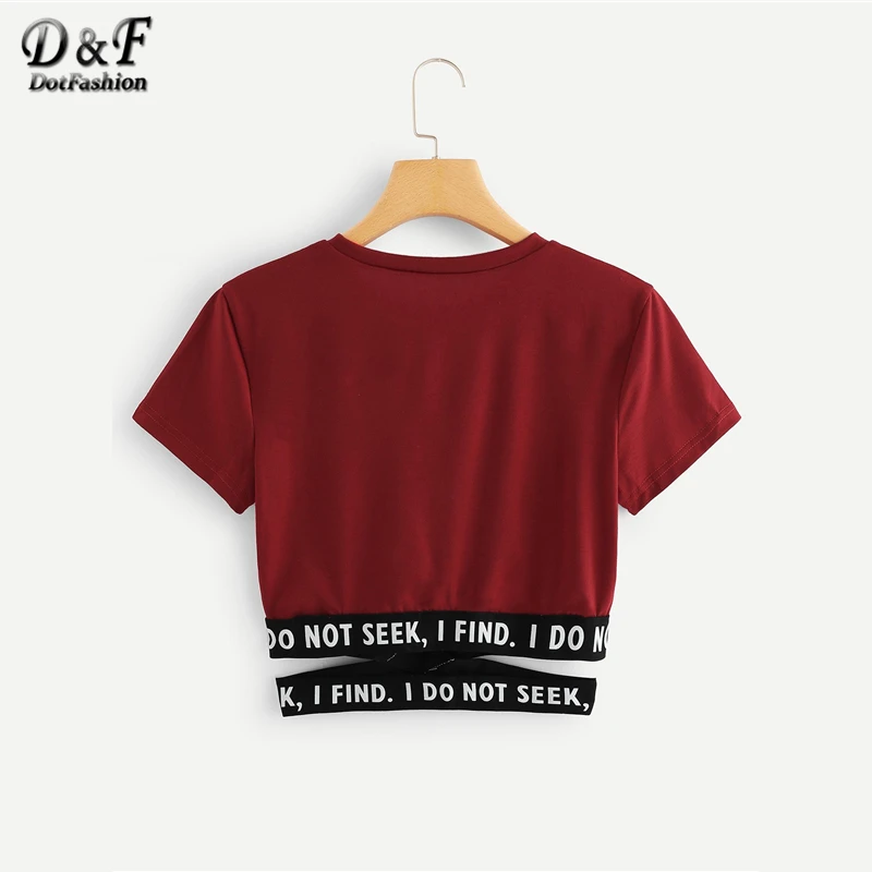 Dotfashion Contrast Slogan Criss Cross Waist Tee 2019 Summer Round Neck Short Sleeve Top Women Asymmetrical T Shirt