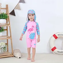 Летний розовый купальный костюм с фламинго для маленьких девочек, Цельный Детский купальный костюм с шапкой, детский пляжный костюм купальник