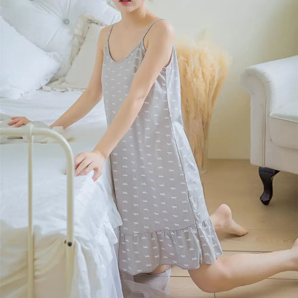 Летняя ночная рубашка, женское платье для сна, Хлопковая пижама с принтом для девочек, свободная ночная рубашка, одежда S-2XL размера плюс