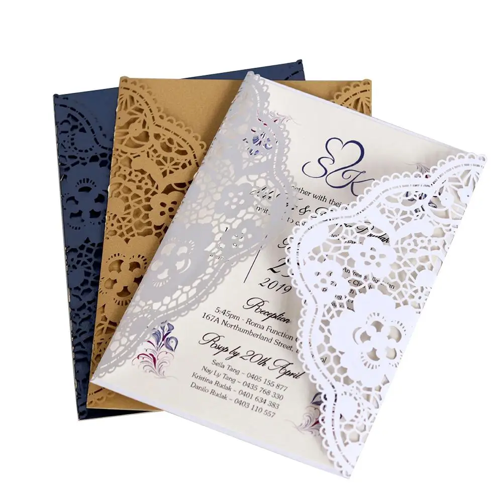  10pcs/set European Style Lace Wedding Invitations Cards Blue Color Laser Greeting Card Wedding Enga - 33031024172