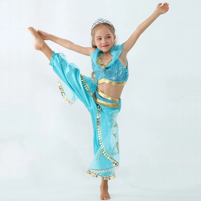 Girls Kid Summer Jasmine Princess Dance Dress Suit Aladdin Halloween Christmas Performance Costume Top Skirt Pant Two piece Set
