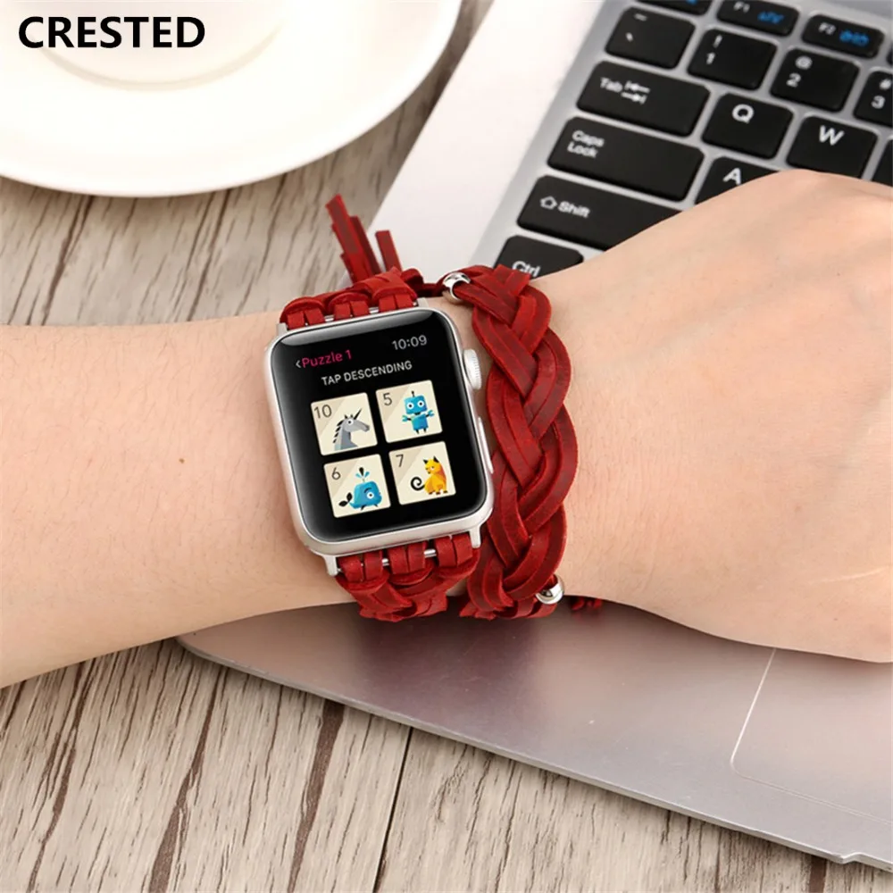 

CRESTED Genuine Leather For Apple watch band 44mm 40mm correa iwatch strap series 4 wrist Bracelet Double Wrap WatchBand belt