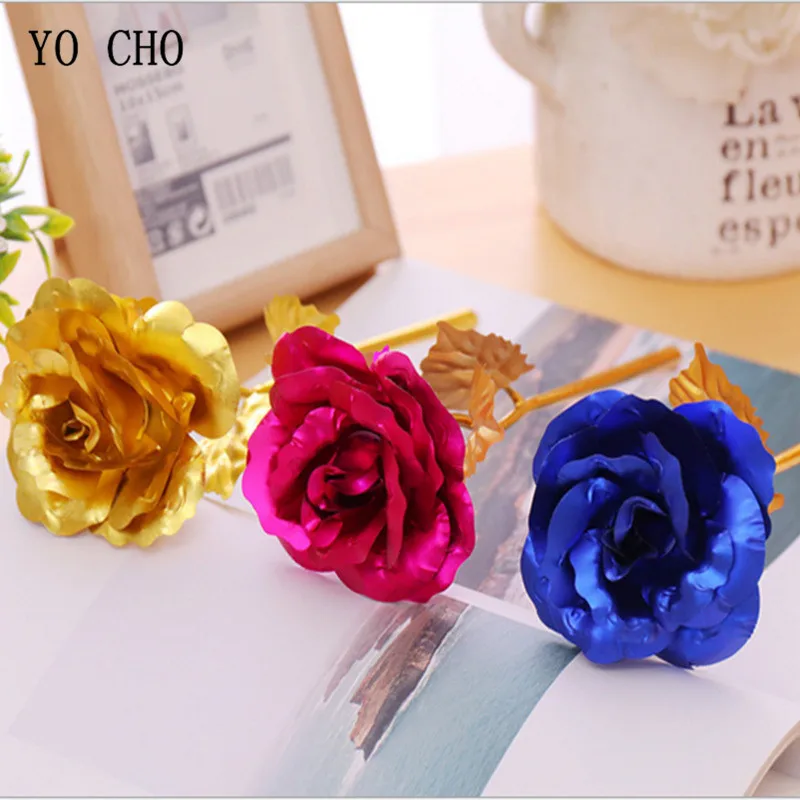 YO CHO 24 K Gold Foil Roses Artificial Flowers Home Decoration Mother's Day Big Flower Heads With Stem Anniversary Gift Flower
