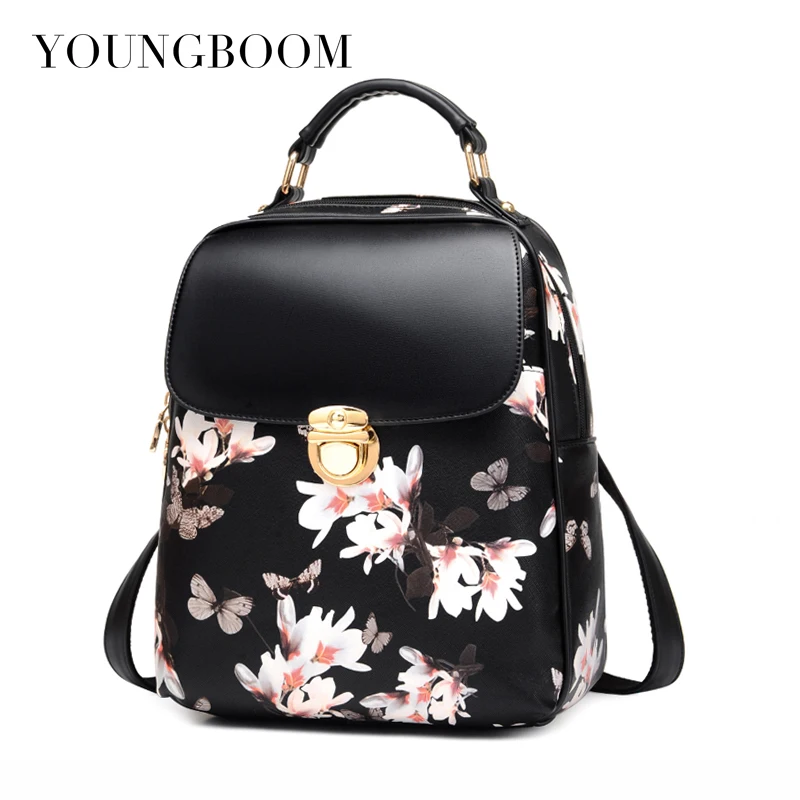 Youngboom Floral Printing Backpack Simple Casual Flower Butterfly Zipper Mini Leather School Bags For Girls Women