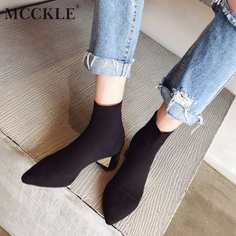 

MCCKLE Woman's Ankle Boots Pointed Toe Mid Suqare Heels Socks Boot Autumn Female Knitted Elastic Casual Shoes Slip On Footwear