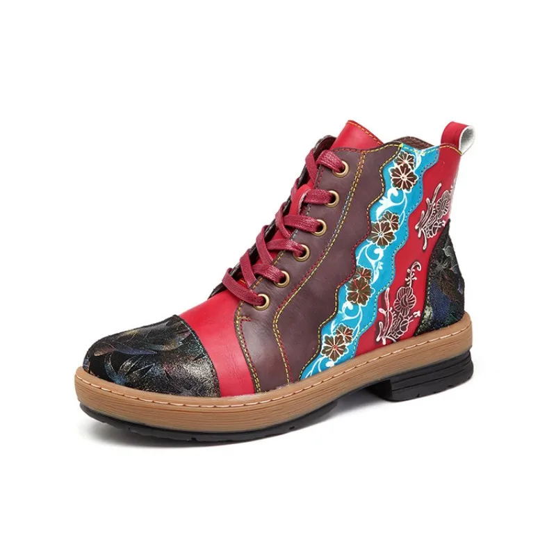 Boho/женские ботильоны ручной работы из натуральной коровьей кожи Повседневные Удобные уличные туфли на шнуровке сапоги с принтом в народном стиле