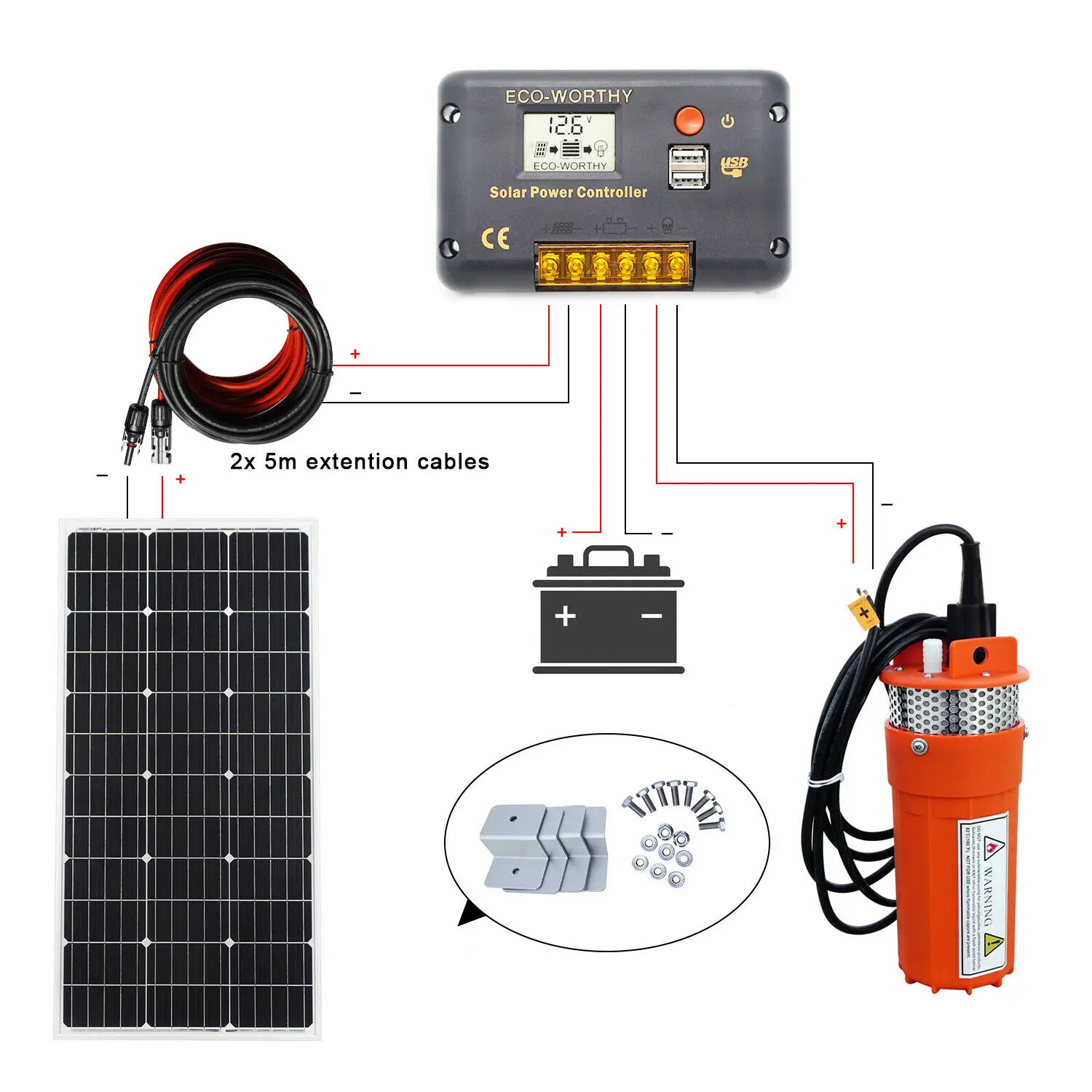 US $202.40 100W Solar Panel 12V Submersible Solar Water Pump System amp 10m Extention Cables