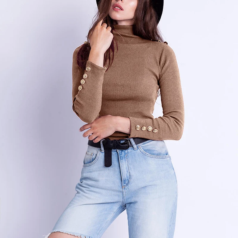 

Ladies Women High Neck Buttons Leotard Tops Slim Fit Winter T-shirt BlouseSolid Casual Female Turtleneck Tshirt Slim