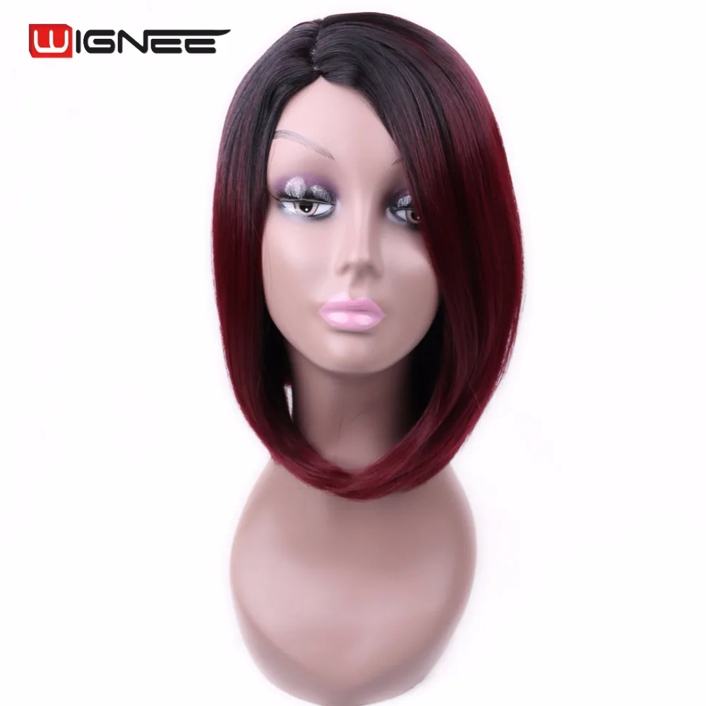

Wignee Synthetic 2 Tone 1B 99J Short Straight Bob Ombre Wig Natural Hair For Africa American 4 Colors Black To Green/Grey/Brown